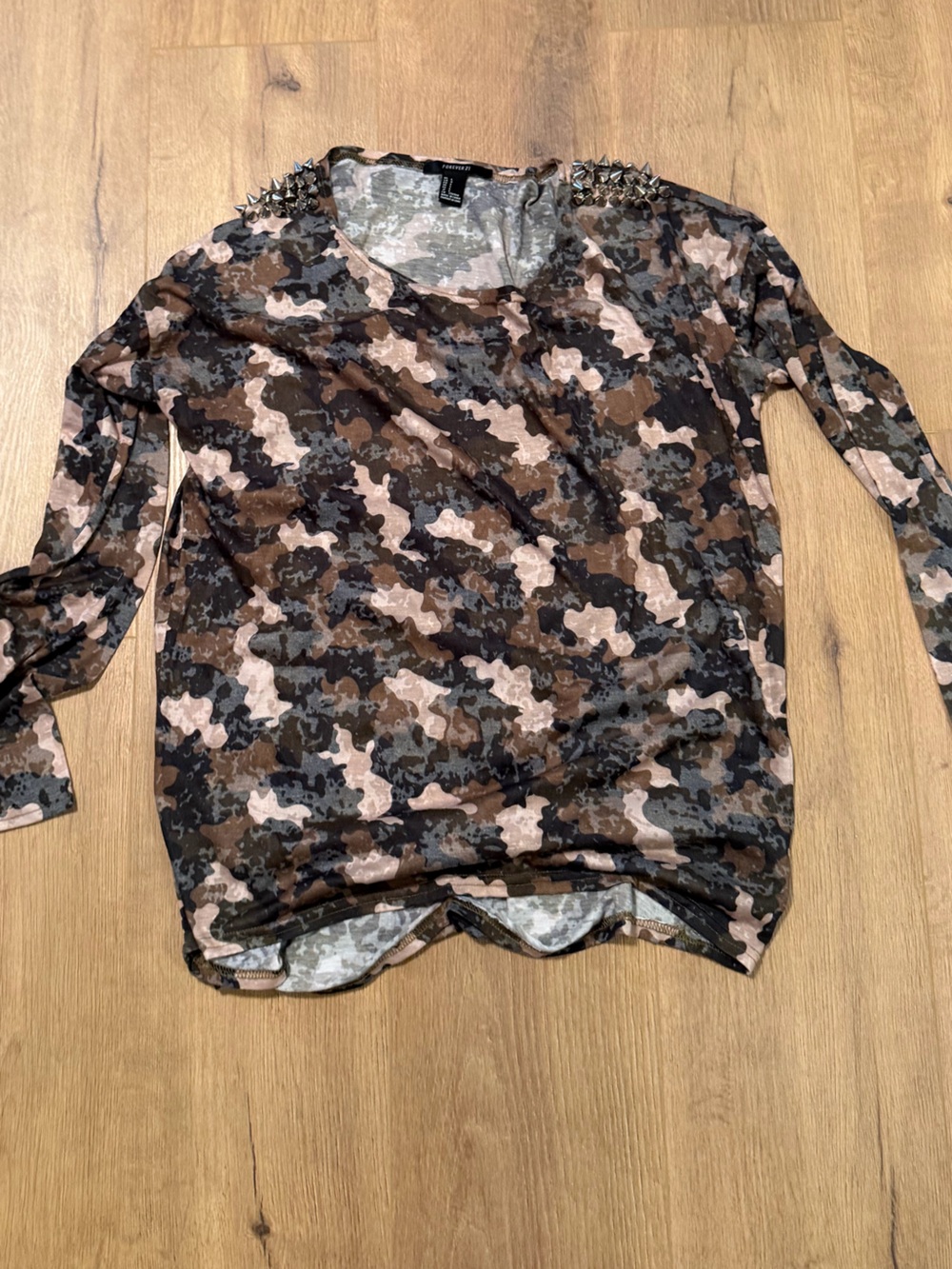 Forever 21 Brown and Black Camo Long-Sleeve Top with Studded Shoulders